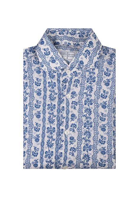 Camicia In Panamino Bianco Con Motivo Fiori Azzurro FEDELI | 00512-F2032