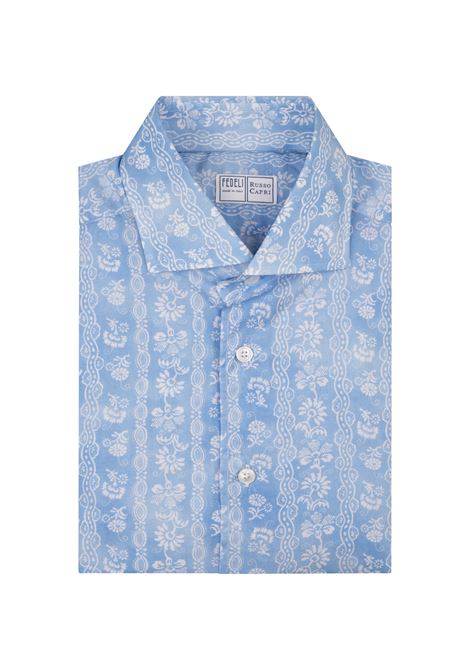 Camicia In Panamino Azzurro Con Motivo Fiori FEDELI | 00512-F205