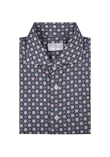 Camicia Sean In Panamino Blu Con Pattern Floreale FEDELI | 00512-F631