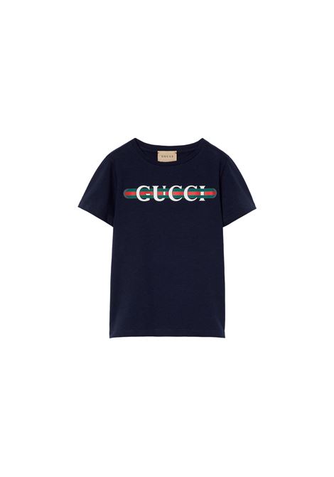 T-Shirt Blu Scuro Con Stampa Gucci Web GUCCI KIDS | T-Shirts | 561651-XJGPI4392