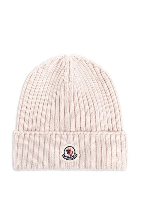 Pink Ribbed Wool Beanie With Logo Patch MONCLER ENFANT | Hats | 954-3B00006 M113150V