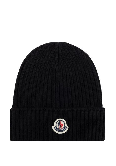 Black Ribbed Wool Beanie with Logo Patch MONCLER ENFANT | Hats | 954-3B00008 M1131999