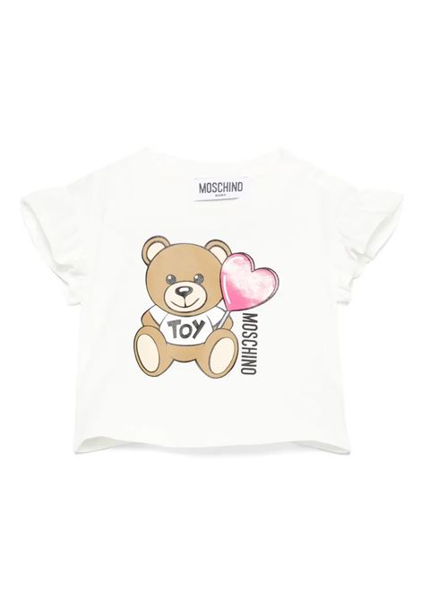 White Moschino Teddy Bear with Heart-Shaped Lollipop T-shirt MOSCHINO KIDS | T-Shirts | MDM03JLBA0010063