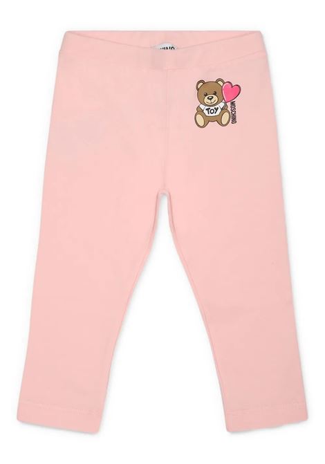 Moschino Teddy Bear With Heart-Shaped Lollipop Leggings In Pink MOSCHINO KIDS | Trousers | MEP032LBA0050209