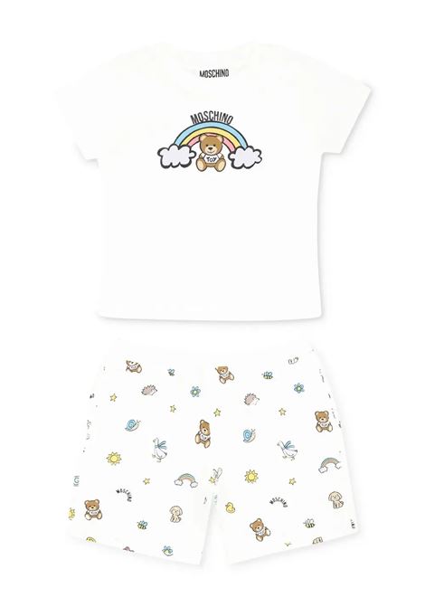 White Set With Teddy Bear In Nature Print MOSCHINO KIDS | Suits | MYG00MLABA610063