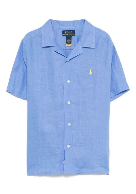 Camicia Bowling In Lino Azzurro Con Pony a Contrasto RALPH LAUREN KIDS | Camicie | 322-964585002