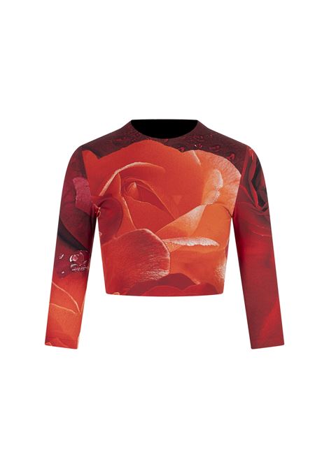 Cropped T-Shirt with Rose Print ROBERTO CAVALLI | T-Shirts | UKT608-LNN4802000