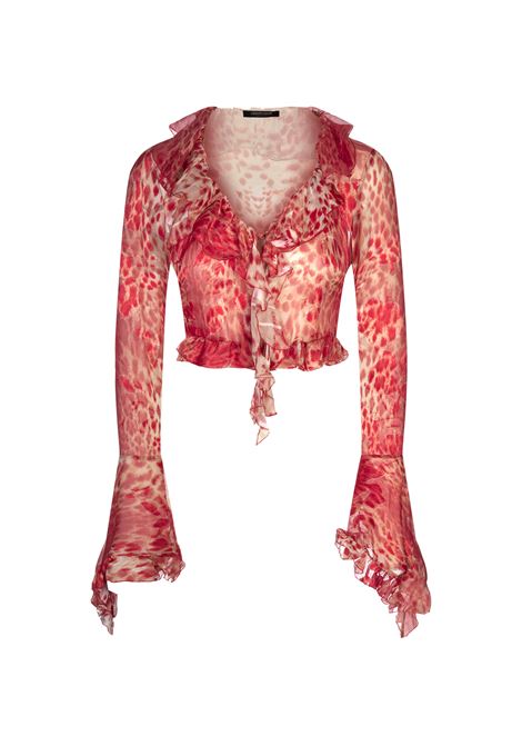 Crop Top Con Volant E Stampa Jaguar Skin ROBERTO CAVALLI | Tops | UKT707-HEN5802534
