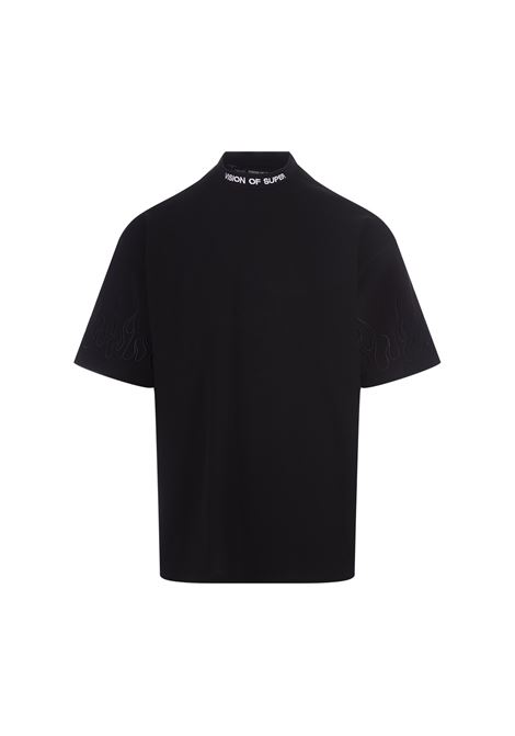 T-Shirt Nera Con Fiamme Nere Ricamate VISION OF SUPER | T-Shirts | VS00860NERO