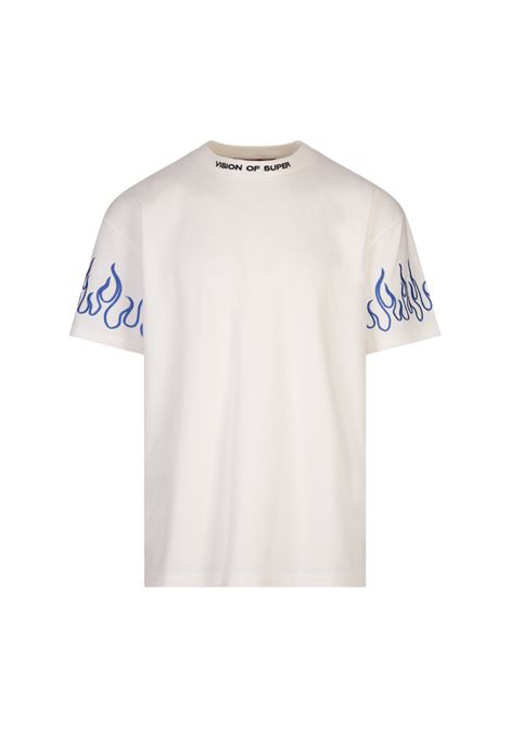 T-Shirt Bianca Con Fiamme Blu Ricamate VISION OF SUPER | T-Shirts | VS01378OFF WHITE